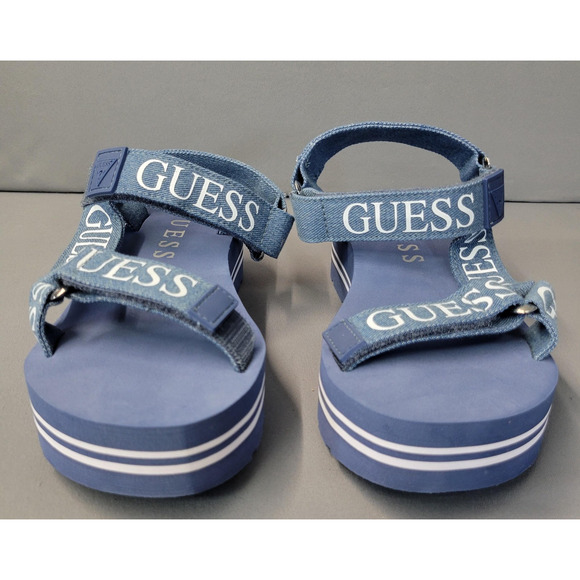 Guess Platform Sandals Womens Size 8M Blue Denim Logo Strap Flatform GWAVIN3 - Picture 6 of 11